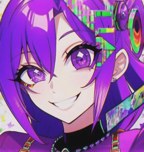 <lora:glitchcore:0.69> glitchcore, 1girl, purple hair, purple eyes, smiling, looking at viewer, perfect composition, super detailed picture