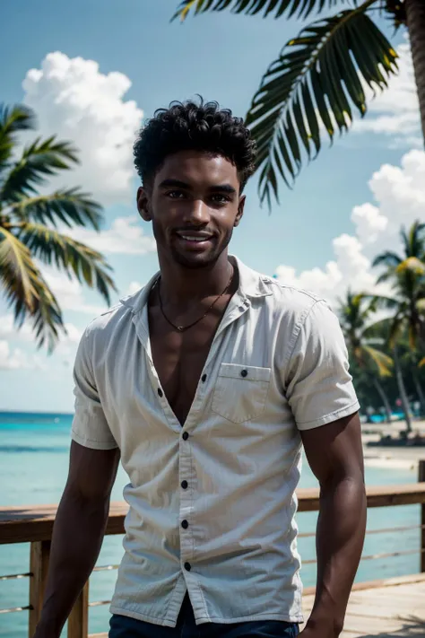 ((ultra detailed, masterpiece, absurdres))
<lora:DPDIMMark:0.9>
DPDIMMark, 1boy, dark skin, brown eyes, short hair, smile, Tropical Paradise with Palm Trees