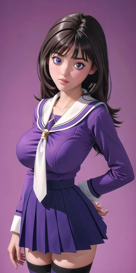 Sexy Toon yoshizuki_iori, huge_breasts,  standing, solo, <lora:yoshizuki_ioriV6:0.65> School_uniform_Purple_shirt_Blue_skirt_White_neckerchief_Black_thighhighs, masterpiece, best_quality, detailed_face, detailed_eyes, highres, beautiful, detailed, absurdres,