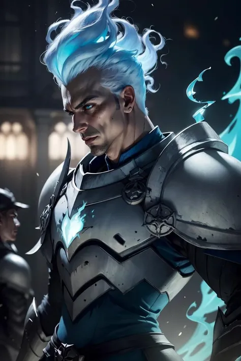 masterpiece, (photorealistic: 1.4), best quality, a grown man flying in the skies of a city during a storm with lightning and rain and strong winds, dress in black and blue clothing, defined body, white hair, crazy eyes, evil smile, intricate details, natural light, RAW photo, Art Deco, glowing light, optical illusion, rococo style, UHD, 16k