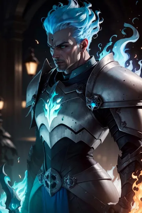 ((masterpiece,best quality))
<lora:Grezhul_AFK:0.7> Grezhul_AFK, solo, grey skin, 1boy, , from the side, fiery hair, blue fire, cowboy shot, Breastplate, armor, 
| cinematic composition, dark theme,  blue fire, 
| bokeh, depth of field, cinematic composition, |