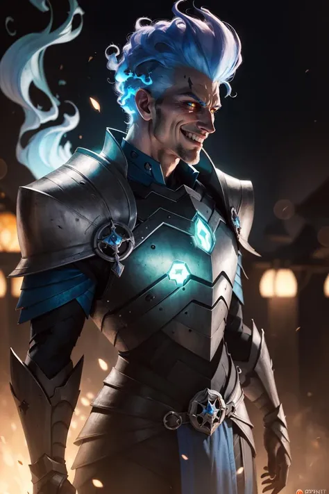 ((masterpiece,best quality))
<lora:Grezhul_AFK:0.6> Grezhul_AFK, solo, grey skin, 1boy, evil grin, from the side, fiery hair, blue fire, cowboy shot, Breastplate, armor, 
| cinematic composition, dark theme,  blue fire, 
| bokeh, depth of field, cinematic composition, |