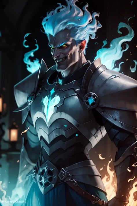 ((masterpiece,best quality))
<lora:Grezhul_AFK:0.7> Grezhul_AFK, solo, grey skin, 1boy, evil grin, from the side, fiery hair, blue fire, cowboy shot, Breastplate, armor,
| cinematic composition, dark theme, blue fire,
| bokeh, depth of field, cinematic composition, |