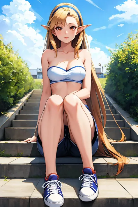 masterpiece, best quality, <lora:leanansidhe-nvwls-v1-000008:0.8> leanan sidhe, hairband, absurdly long hair, tube top, shorts, sneakers, sitting, stairs, looking at viewer, sky, strapless
