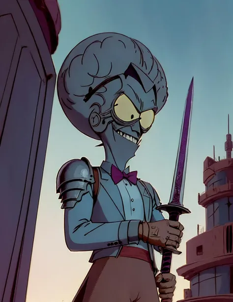 illustration, cartoon, soothing tones, calm colors, <lora:theLobexyz:0.8> thelobexyz, ((best quality, detailed)), in armor is holding a great sword in a ruined post-apocalyptic city, sci-fi, fantasy, horror,, extreme detail, bowtie, male focus, smile, solo, traditional bowtie, villainous, (by Philippe Druillet), (head brain:1.1), <lora:epiNoiseoffset_v2:1>, Vector Art