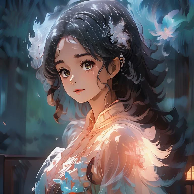 (masterpiece:1.4), high quality, high definition, sharp focus, detailed face, anime, best quality, 4k, 8k, absurd resolution, intricate detail, detailed hands, detailed eyes, animation, illustration, highly detailed, highres, extremely detailed, <lora:ETO_OCC002:0.7> ETO_OCC, black hair, curly hair,longhair, thick eyebrows, <lora:hyperdenoiser_v090:0.6>, (looking at viewer:1.4), (plump:1.2), (hazel eyes:1.3), (curly hair), (big breasts), <lora:mesugaki-10:0.7>, smile, smug, lora:perfetfingers:1>, pureerosface_v1, prettify, OverallDetail, Illust-InstaFilter, hotify, edgQuality, Earth-QualityPos, BodyPositive, Best_QualityPos, <lora:AppleCheek:1> applecheek, hanfu, 1girl, solo, hair ornament, chinese clothes, dress, long sleeves, flower hair ornament, jewelry, chest dress, open coat, see-through, hair flower, <lora:hanfu_mix_chilloutmix_3:0.8> <lora:绪å¿-æ¢¦å¹»åºæ¯ dream like:0.8> dream like, energy sparks, iridiscent glitter, stardust, light particles, floating petals, <lora:bio-luminescent flora_LyCORIS:0.8> bio-luminescent flora <lora:luminous body:1> <lora:bioluminescent_dress-1.0:1> bioluminescent dress <lora:luminous_hair_silver:1> luminous hair