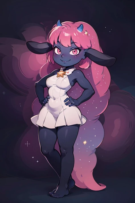 ((masterpiece,best quality)), absurdres,
<lora:Daedream_Palworld:0.8>, Daedream_Palworld,
1girl, black skin, blue horns, glowing pink hair, starry sky, glowing, pink eyes, gradient hair, purple hair, starry hair, animal ears, long ears, purple skin,
looking at viewer, blush, smile, simple background, full body, barefoot, shiny, star (symbol), shiny hair, feet, legs, shiny skin, happy, space background, outline, big hair, white dress,
hand on hip, contrapposto, hip to the side, curvy