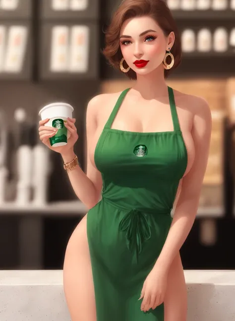 photorealistic, perfect body,  iced_latte_with_breast_milk, brown hair, human,  <lora:icedLatteWithBreast_v1:1>, red lipstick, earrings