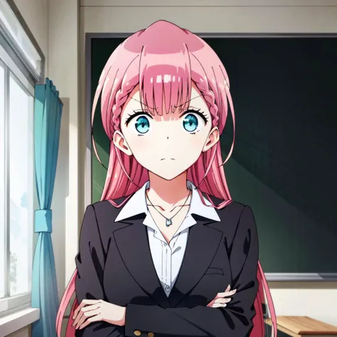 masterpiece, best quality, 1girl, kirisu mafuyu, long sleeves, suit, formal, white shirt, necklace, classroom, angry, closed mouth, crossed arms, looking at viewer,
