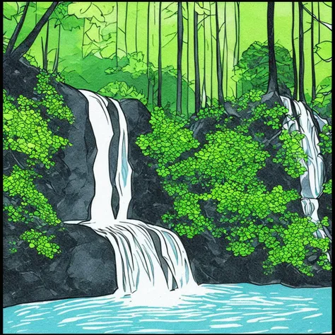 <lora:Tamotsu Murakami:1> simple art, a waterfall in a forest
