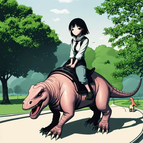 <lora:Tamotsu Murakami:1> simple art, 1girl, riding a dinosaur in a public park