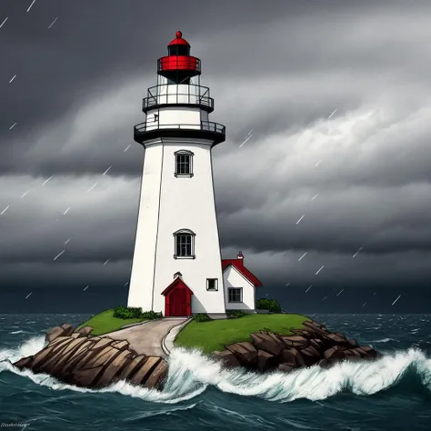 <lora:Tamotsu Murakami:1> simple art, a lighthouse in a storm