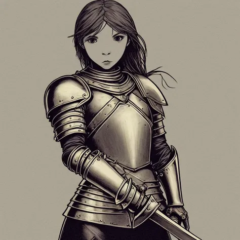 <lora:Tamotsu Murakami:1> simple art, 1girl, a knight in armor holding a sword