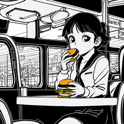 <lora:Tamotsu Murakami:1> simple art, eating a cheeseburger in a diner