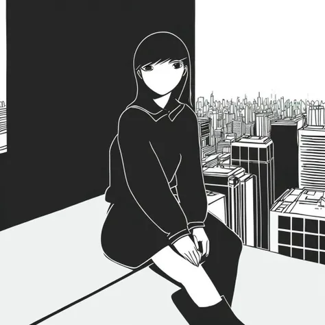 <lora:Tamotsu Murakami:1> simple art, 1girl, sitting on the edge of a skyscraper overlooking a city skyline