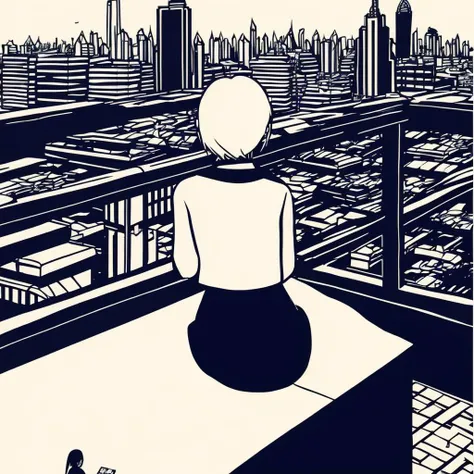 <lora:Tamotsu Murakami:1> simple art, 1girl, sitting on the edge of a skyscraper overlooking a city skyline