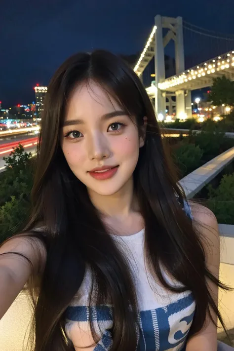 nikon RAW photo,8 k,Fujifilm XT3, photoshoot, masterpiece, best quality, 1girl,solo,realistic, photorealistic, (extremely detailed face), ultra-detailed eyes and pupils, ultra detailed, serious expression, slender figure, (standing against a city skyline at night), sleeveless, smile, <lora:soojinlorashy:1> <lora:frontflash:0.6>