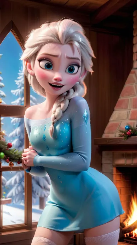 princess elsa,<lora:princess_xl_v2:0.8>,window,fireplace,christmas tree,(parted lips:0.7),blush,(smile:0.3),(pussy),(nsfw),nipples,nude,<lora:flat_chested_v3-000008:0.5>,flat chested,wet,detached sleeves,thighhighs,pussy juice,clitoris,groin,from below,standing,looking at viewer,