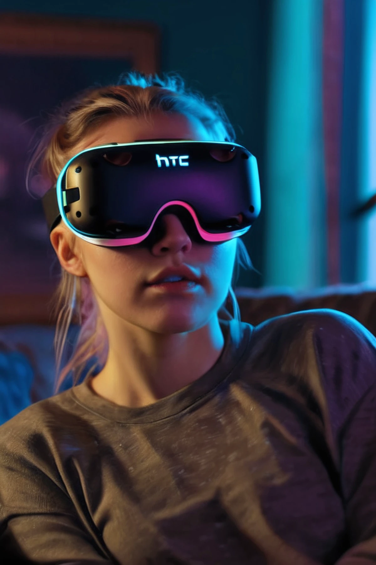 closeup,(by ahegao:1.3),a girl,Contrapposto pose,stretching,wearing vr goggle,HTC Vive,casual clothes,sweat,living room,soft natural volumetric cinematic perfect light,(chiaroscuro:1.4),neon lights,dystopian city,(by Josan Gonzalez:1.2),Simon Stalenhag,Maciej Rebisz,Mike Winkelmann,Darek Zabrocki,<lora:flat_chested_v3-000008:0.55>,