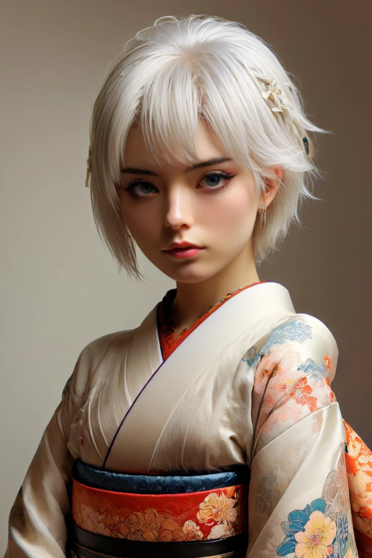 portrait of a young woman, white hair, short pixie haircut, wearing a kimono, anime, manga, by kentaro miura, ashley wood, laurie greasley, artgerm, laurie greasley, alphonse mucha, sharp focus, illustration, highly detailed, concept art, matte, max ernst, james jean, andrei riabovitchev, marc simonetti, yoshitaka amano <lora:flat_chested_v4:1> flat chested <lora:zavy-sngkjd-sdxl:1> zavy-sngkjd <lora:Choker-FFashion-Part1-32.LORA:1> choker <lora:detailed_notrigger:1> <lora:great_lighting:1> great lighting <lora:neg4all_bdsqlsz_xl_V91:1> <lora:xl_more_art-full_v1:0.5>