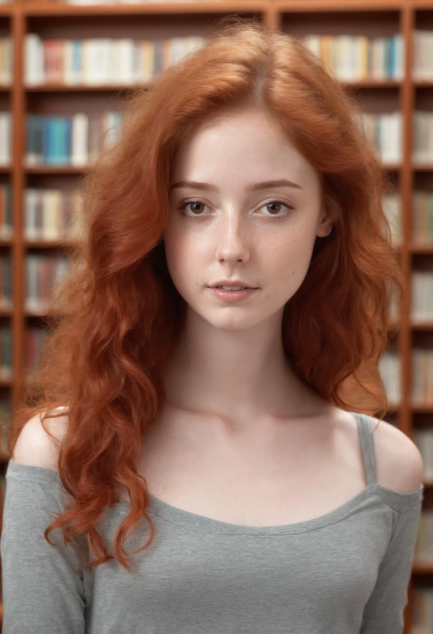 realistic, photo, <lora:flat_chested_v2:0.9> woman, flat chested, wavy red hair, 24_years_old, cute, library