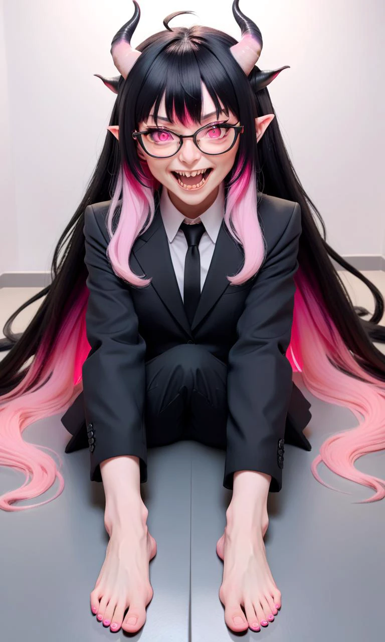 one tall mature demon woman, pink eyes, black business suit, two horns, full-rimmed glasses, very long pink and (black gradient hair:1.3) in a hime cut, bangs and sidelocks, bare feet, foot focus, feet in frame <lora:perfect feet:1> Perfect feet, pointed teeth, fangs, evil grin, <lora:flat_chested_with_top:1> flat chest, pov