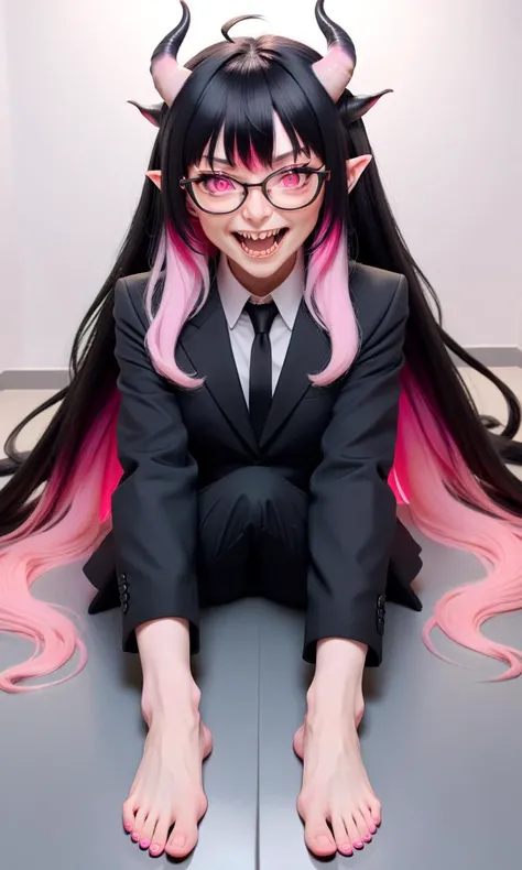 one tall mature demon woman, pink eyes, black business suit, two horns, full-rimmed glasses, very long pink and (black gradient hair:1.3) in a hime cut, bangs and sidelocks, bare feet, foot focus, feet in frame <lora:perfect feet:1> Perfect feet, pointed teeth, fangs, evil grin, <lora:flat_chested_with_top:1> flat chest, pov