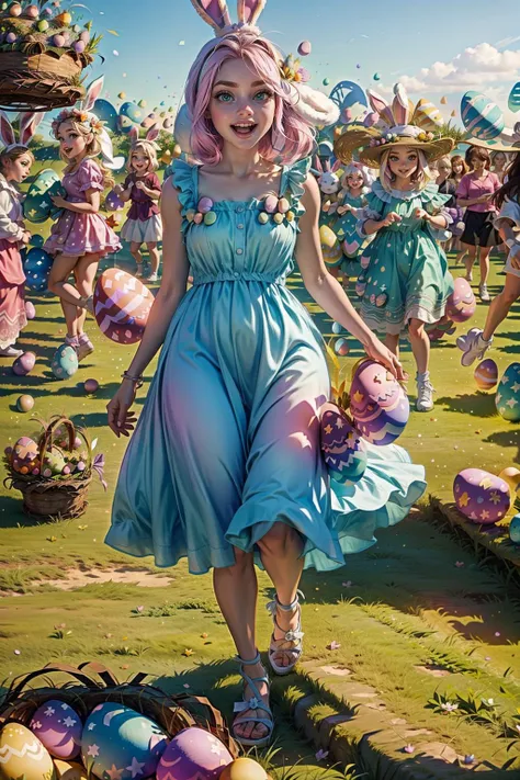 araffe dressed in a blue dress walking through a field of eggs