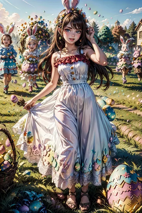 arafed image of a girl in a dress and bunny ears in a field