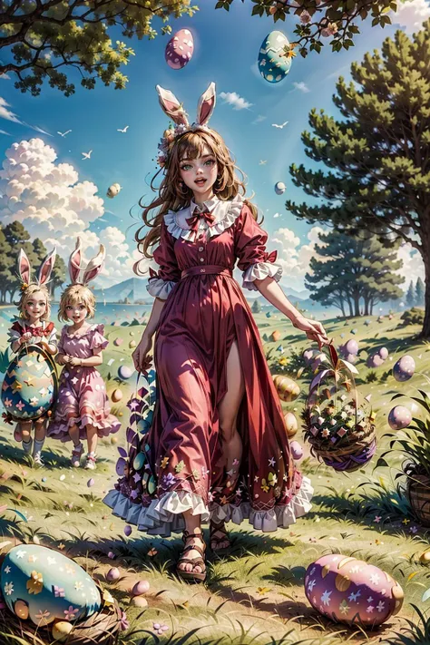 a painting of a woman in a dress and bunny ears walking through a field