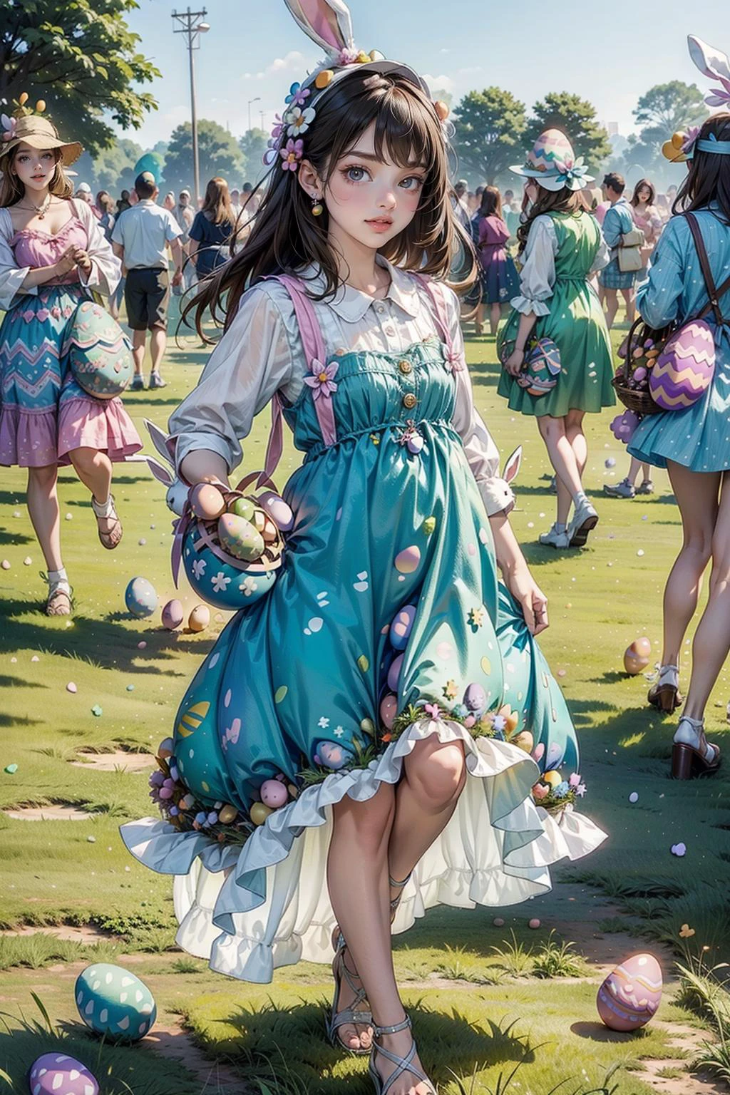 <lora:EasterEggsWorld:1> (EasterEggsWorld:1.2) (many girls:1.2) running on the green field (long dress red:1.3) <lora:people_count_slider_v1:3>