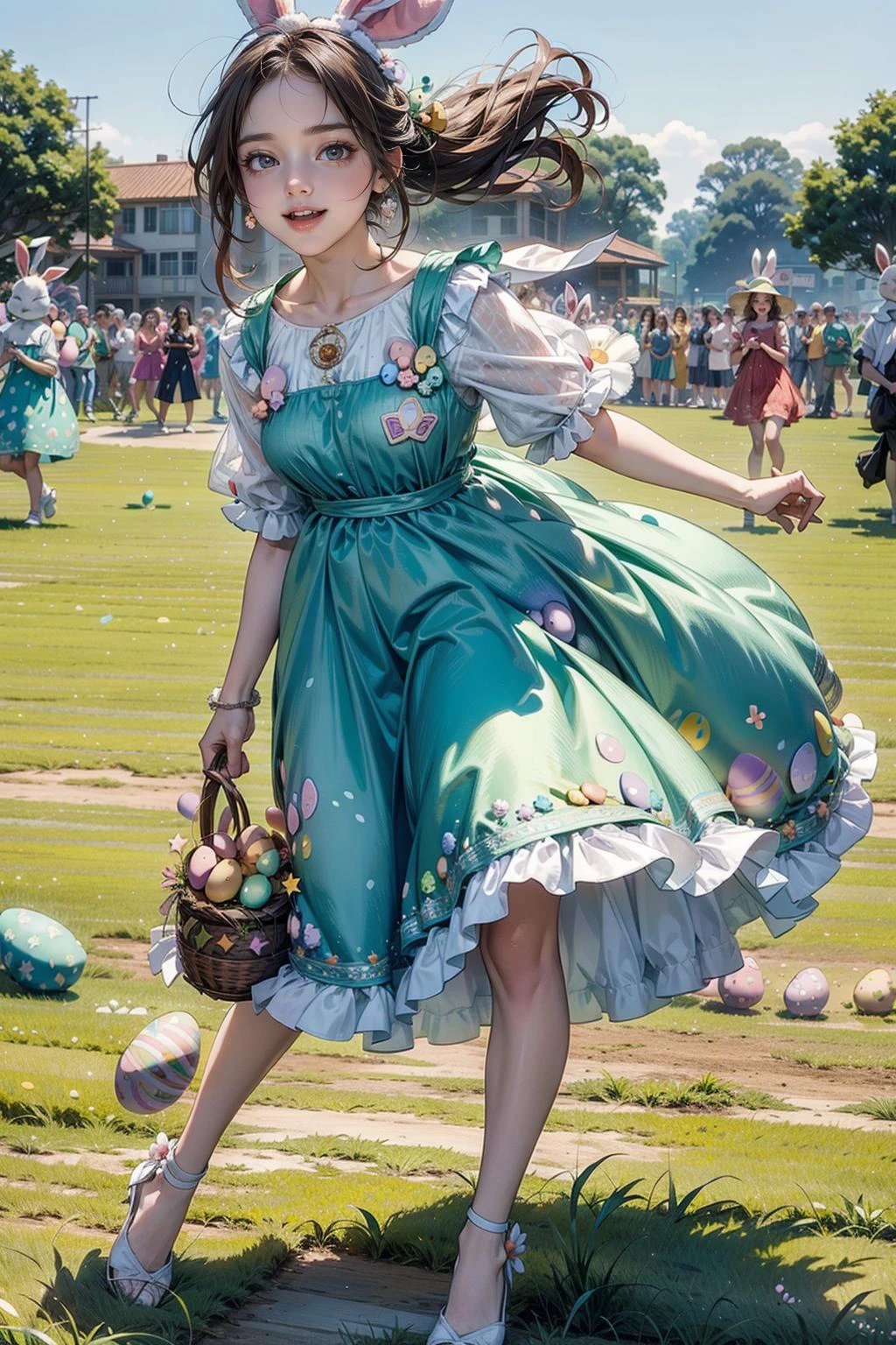 <lora:EasterEggsWorld:1> (EasterEggsWorld:1.2) (many girls:1.2) running on the green field (long dress red:1.3) <lora:people_count_slider_v1:3>