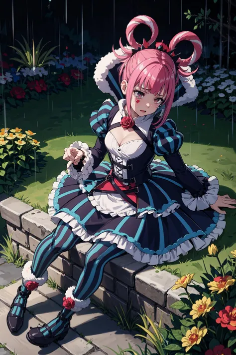 sitting,crying,tears,sorrowful,downcast,<lora:hortensiaV1:0.8>ãhortensia,striped, dress, puffy sleeves, long sleeves, striped pantyhose, vertical stripes,fur trim, cleavage, flower, blue footwear, juliet sleeves, heart,blue dress, puff and slash sleeves, frills, boots, shoes, black footwear, skirt,rain,dark,garden, (masterpiece, best quality, ultra-detailed, best shadow)