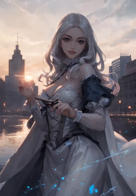 wide angle,cowboy shot,solo,1girl, (parted lips,light smile),looking at viewer, (cape), ann3hathawa72 ,thwhtqn, flower,
blue sky,intricate,cityscape ,
(masterpiece), best quality, highres, (realistic face:1.1), (hyperrealistic:1.3), 4k, 8k, Detailed Illustration, intricate detail, glowing particles, floating, 1girl,medium breasts, perfect eyes, (shiny skin:1.2),(outdoors:1.3),cinematic lighting, sharp shadows, amazing quality, amazing shading, soft lighting, (symetrical:0.5), facing camera, ultra-detailed , <lora:theWhiteQueen_thwhtqn,crown,sword:0.8>