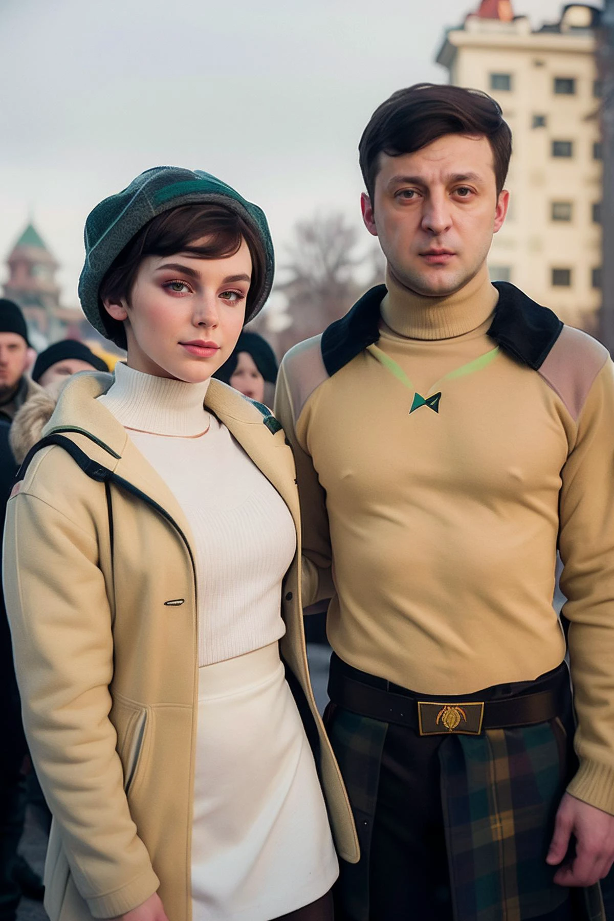 candid photograph of (woman and man together) irene-nobody wearing a turtleneck sweater and fur jacket and wool skirt ((embracing)) Ukrainian President<lora:Zelenskyy2:0.7>zelenskyy,(3/4 shot),(slight smirk),Kilo class submarine in the background,sunglasses,((Ushanka)),Ukrainian flag,(blue and yellow flag),((Kyiv))