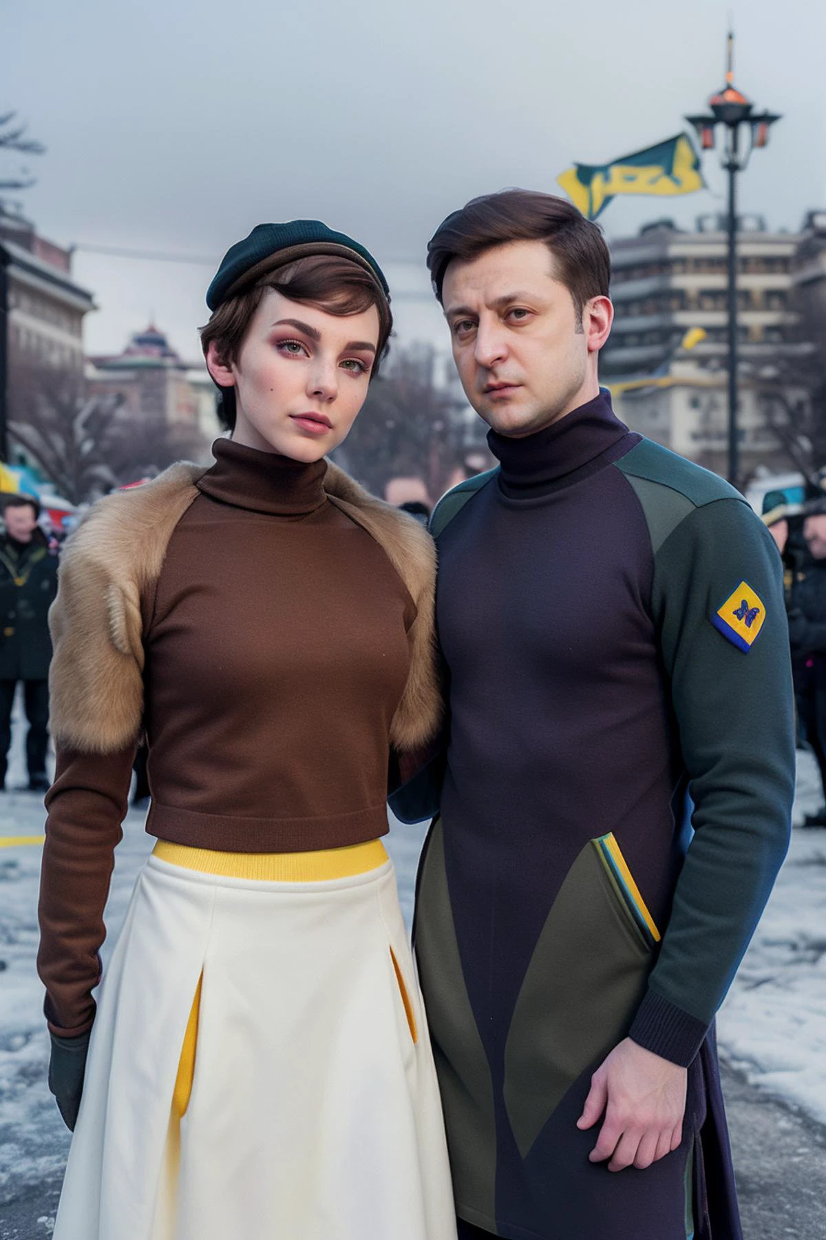 candid photograph of (woman and man together) irene-nobody wearing a turtleneck sweater and fur jacket and wool skirt ((embracing)) Ukrainian President<lora:Zelenskyy2:0.7>zelenskyy,(3/4 shot),(slight smirk),Kilo class submarine in the background,sunglasses,((Ushanka)),Ukrainian flag,(blue and yellow flag),((Kyiv))