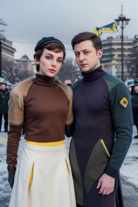 candid photograph of (woman and man together)  irene-nobody wearing a turtleneck sweater and fur jacket and wool skirt ((embracing)) Ukrainian President<lora:Zelenskyy2:0.7>zelenskyy,(3/4 shot),(slight smirk),Kilo class submarine in the background,sunglasses,((Ushanka)),Ukrainian flag,(blue and yellow flag),((Kyiv))