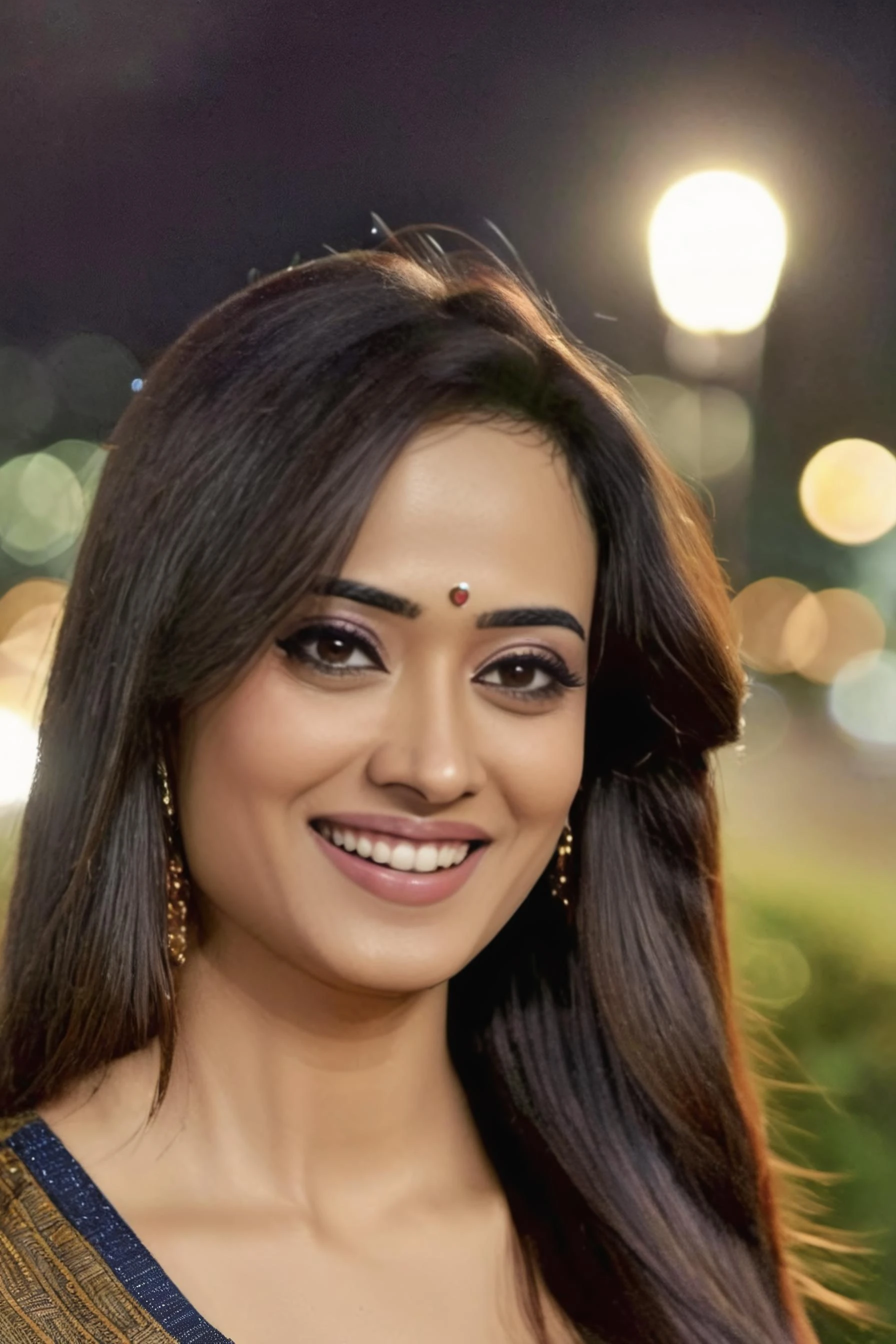 ultrarealistic close up photo of a thin woman, Shweta Tiwari, outdoors, realistic skin texture, smiling, looking looking at camera, (kurta, Jeans:1.2), smiling, night time, beautiful bokeh <lora:Shweta_Tiwari_SDXL_LoRA-000004:1>
