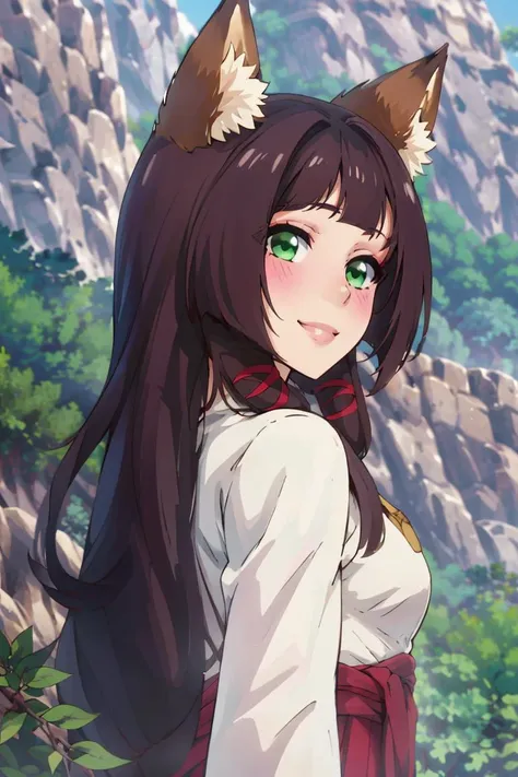 ((masterpiece,best quality)), absurdres,
<lora:Isekai_Onsen_Paradise:0.8>,  
1girl, solo, long hair, looking at viewer, blush, smile, brown hair, black hair, animal ears, closed mouth, green eyes, upper body, outdoors, day, blunt bangs, from side, animal ear fluff, fox ears,
upper body, 
outdoors,