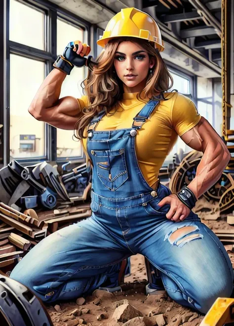 Gabby_Stallone-is-a-brunette-muscular-female-with-an-amazonian-body, she-is-doing-lifting-concrete-at-a-construction-site, hard-hat, reinforced-kneehighs, <lora:AdvancedEnhancer:0.8>, <lora:neg4all_bdsqlsz_V3.5:0.8>, <lora:ConstructionyardAIV3:0.8>, constructionyardai, <lora:WorldofLight:0.51>, worldoflight, <lora:muscle_6:1>, blue-overalls