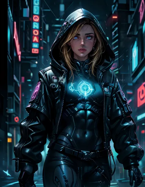 <lora:GoodHands-beta2:1>, <lora:GlowingRunesAIV3:0.08> (movie poster:1.3), IMDB movie poster of (Gabby_Stallone) as a cyberpunk street mage wearing ornate hooded leather tech robes, neon light, casting spell pose, night, rain, cyberpunk inspired background, (masterpiece:1.2), best quality <lora:LORA-XenoDetailer-v3:0.75> <lora:techwear:0.48> techwear <lora:Concept - Cyber Wizard:0.18>, magic circle, magic, neon lights/hologram glowing eyes, neon lighting