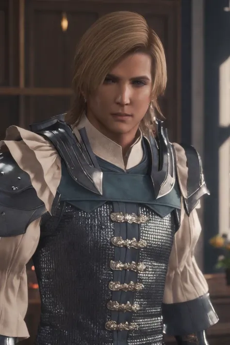 Best quality,masterpiece,ultra high res,1boy,dion_lesage,looking at viewer, upper body, dion_outfit,gauntlets,