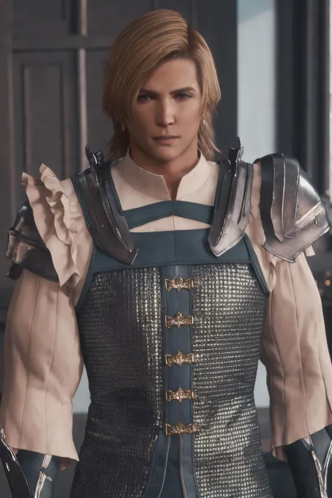 Best quality,masterpiece,ultra high res,1boy,dion_lesage,looking at viewer, upper body, dion_outfit,gauntlets,