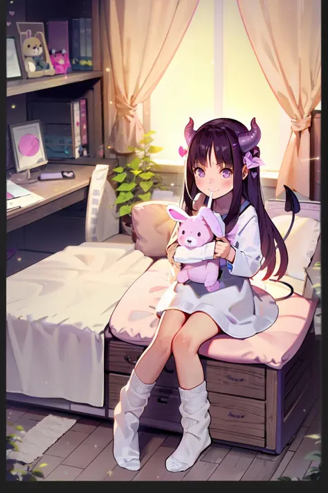 masterpiece, best quality, 1girl, naked, demon tail, indoors, pillow, curtains, long hair, tail, bed, stuffed toy, solo, socks, dynamic pose, bag, stuffed animal, bedroom, book, heart, sunlight, plant, window, demon girl, twintails, clock, bangs, no shoes, backpack removed, on bed, wooden floor,  backpack, bookshelf, stuffed bunny, looking at viewer, day, holding, closed mouth, brown hair, potted plant, alarm clock, lamp, brown eyes, rug, heart pillow, trash can, randoseru, demon horns, shelf, object hug, blush, smile, chair, desk, desk lamp, drawer, box, tissue box, horns, very long hair, hair ornament, cup, light particles, wings, teddy bear, demon wings, animal, cushion, open book, purple eyes, dress, phone, electrical outlet, hug, full body, bed sheet, table, cable, picture frame, bottle, chest of drawers, black hair, bow, purple hair