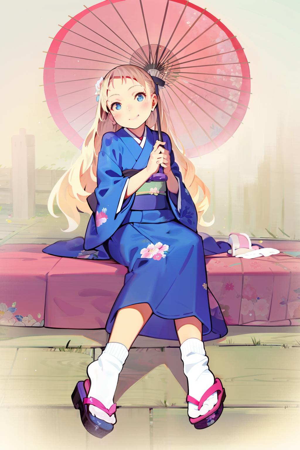 Anime girl in blue kimono sitting on a bench with an umbrella - SeaArt AI