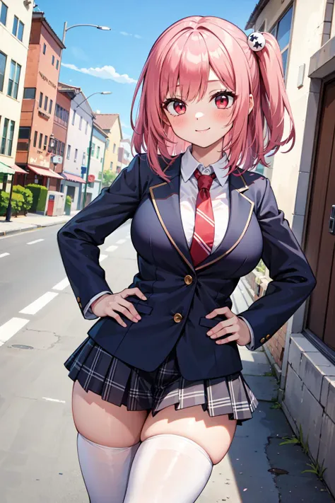 masterpiece, best quality, ultra-detailed, extremely detailed,illustration, 1girl, solo, honokabkn, blazer, blue jacket, school uniform, pleated skirt, plaid skirt, miniskirt, collared shirt, red necktie, white thighhighs, large breasts, thick thighs, red eyes, blush, smile, looking at viewer, hand on hip, single glove, purple glove, street, blue sky, cowboy shot, <lora:DOAHonokaBikini0826:0.7>