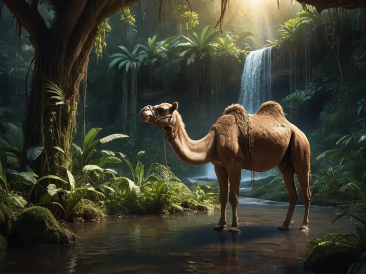 Hyperrealistic art Dystopian style photo of a camel in a lush jungle creek, broken windows, waterfall, fantastic colors, sparkles, highly detailed, volumetric, dramatic lighting, gold hour light, award-winning, professional, wide shot . Extremely high-resolution details, photographic, realism pushed to extreme, fine texture, incredibly lifelike