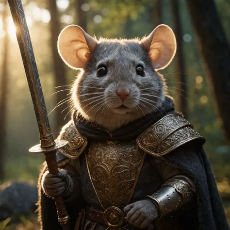 cinematic film still cinematic photo cinematic photo highly detailed portrait of a wise old mouse warrior (intricate armor:1.4) in a dark woolen cloak with a shining sword, (fur:1.4),deep dark forest background, (shallow depth of field:1.4), foliage, global illumination, radiant light, detailed and intricate environment, golden hour , Sun on face., cinematic photorealistic, 8k uhd natural lighting, raw, rich, intricate details, key visual, atmospheric lighting, 35mm photograph, film, bokeh, professional, 4k, highly detailed . 35mm photograph, film, bokeh, professional, 4k, highly detailed . shallow depth of field, vignette, highly detailed, high budget, bokeh, cinemascope, moody, epic, gorgeous, film grain, grainy