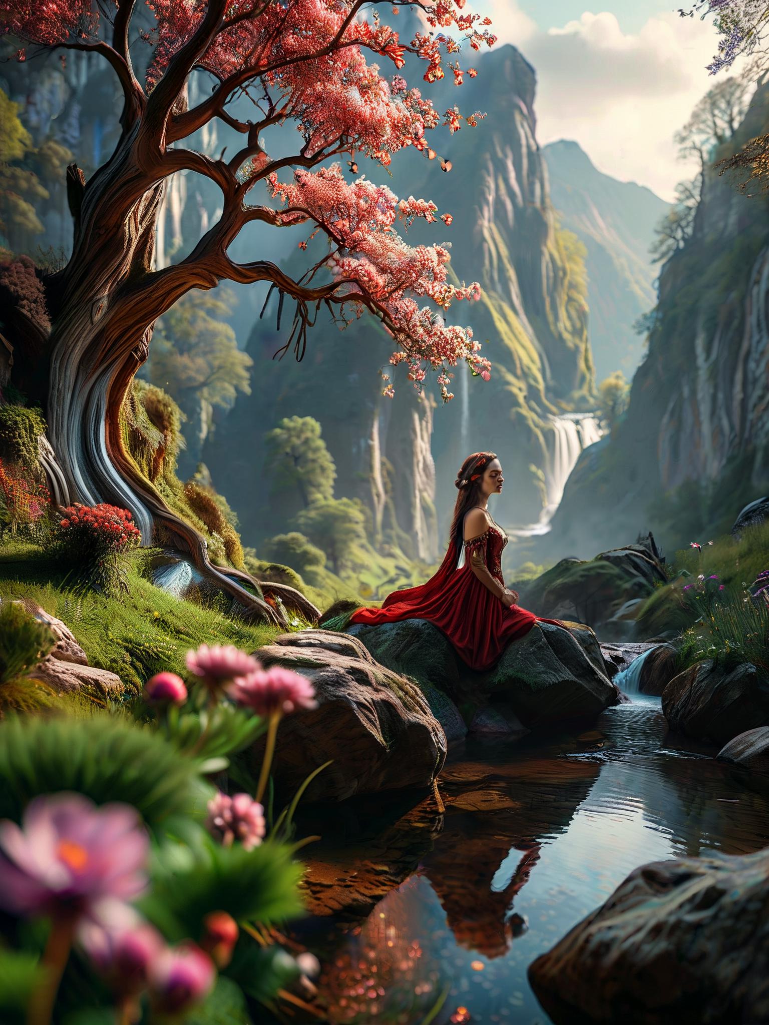 A woman in a red dress sitting on a rock near a river - SeaArt AI