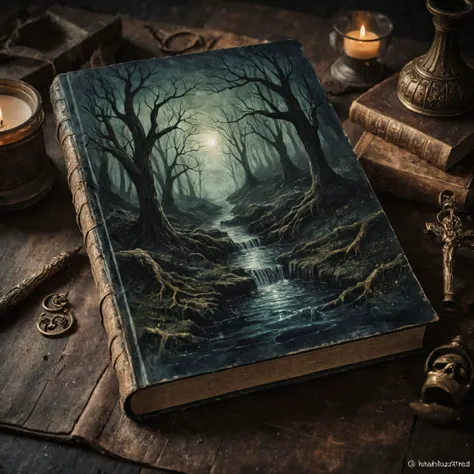 photo, Fantasy art style, Ethereal, A disturbing book, discovered in the darkest of places. It should have been left where it was found, shrouded in mystery, lost, but we uncovered it and its dark mysteries. Now we are cursed by its forces, forever bond to its horrors. The book has brought out the worst in us and we are forever cursed. rich dark colors, vibrant style, dark hues, night, <lora:RMSDXL_Enhance:0.45>, <lora:add-detail-xl:0.8>, <lora:RMSDXL_Darkness_Cinema:0.5>, <lora:RMSDXL_Creative:0.8>,